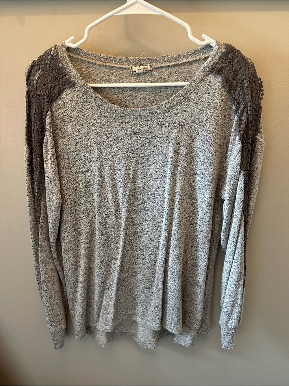 Eyeshadow Cozy Grey Knit Top with Crochet Shoulder Detail